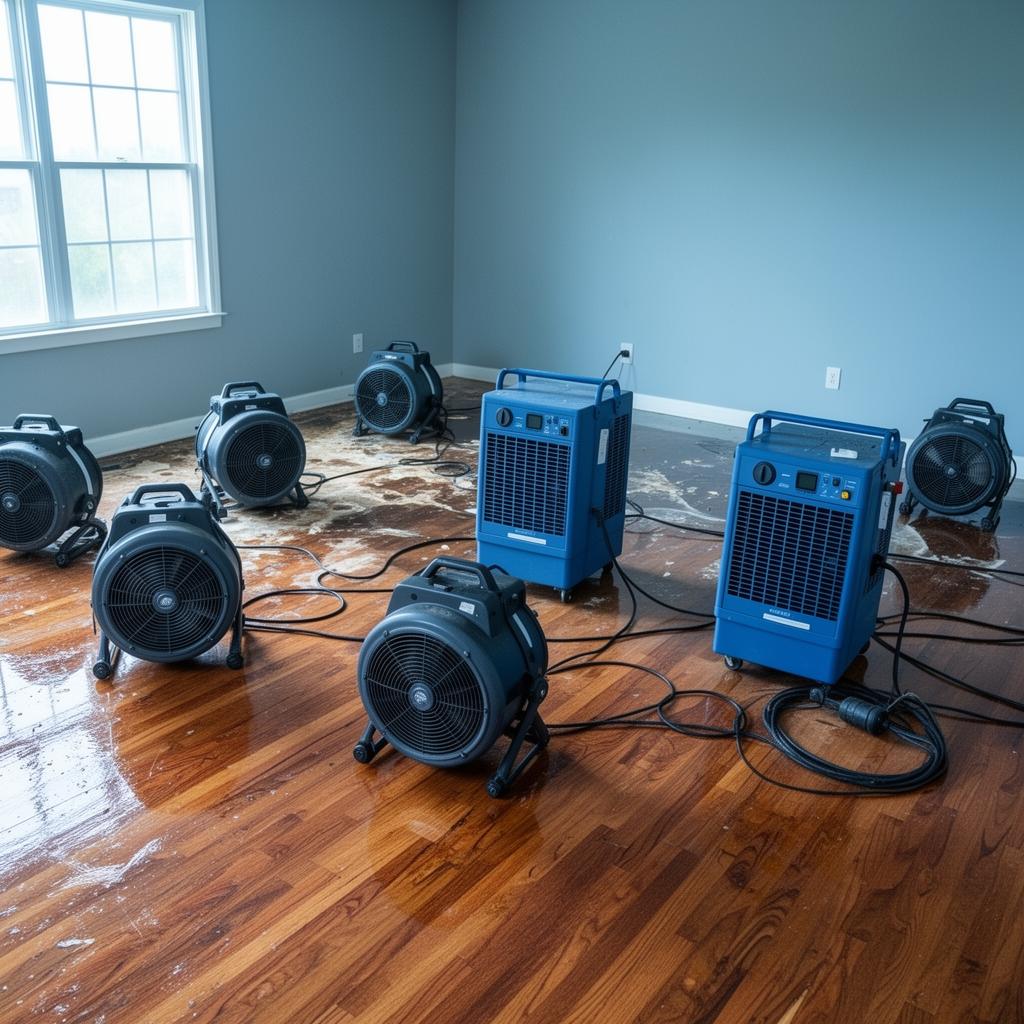 Drying equipment set up inside a flooded room